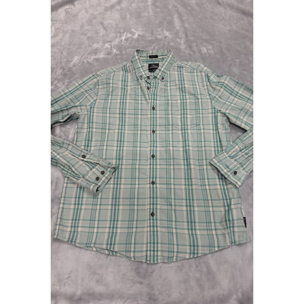 Prana Men's Large Plaid Green White Cotton Button Down Long Sleeve Shirt